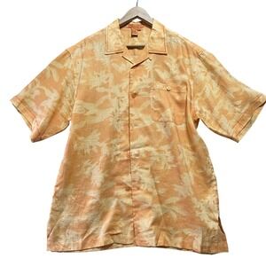 Tulliano Linen Button Down Shirt Mens Large Orange Tropical Short Sleeve Camp
